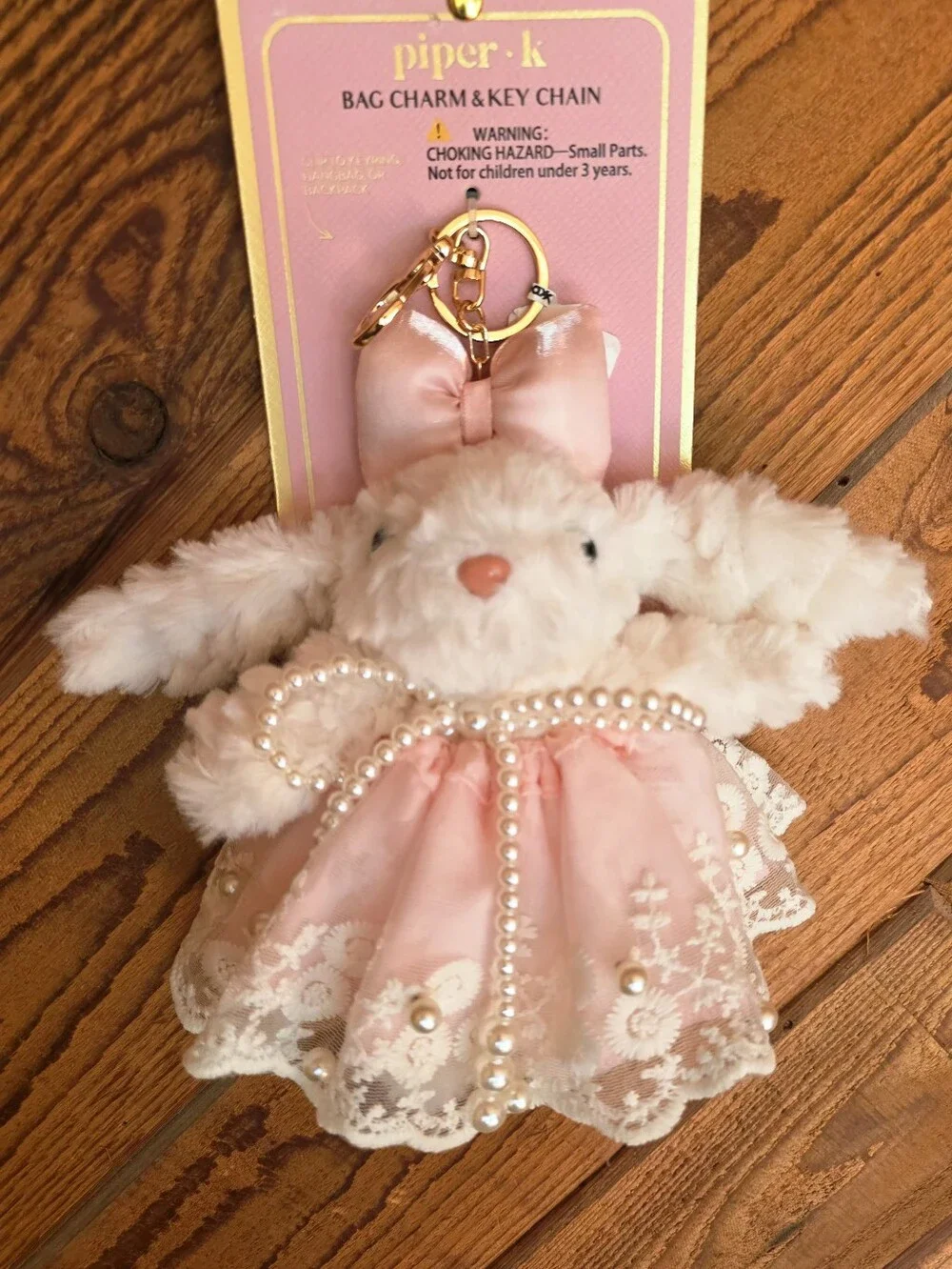 PIPER K Handcrafted  Plush Bunny Bag Charm Keychain  Lace Pearl Coquette NWT